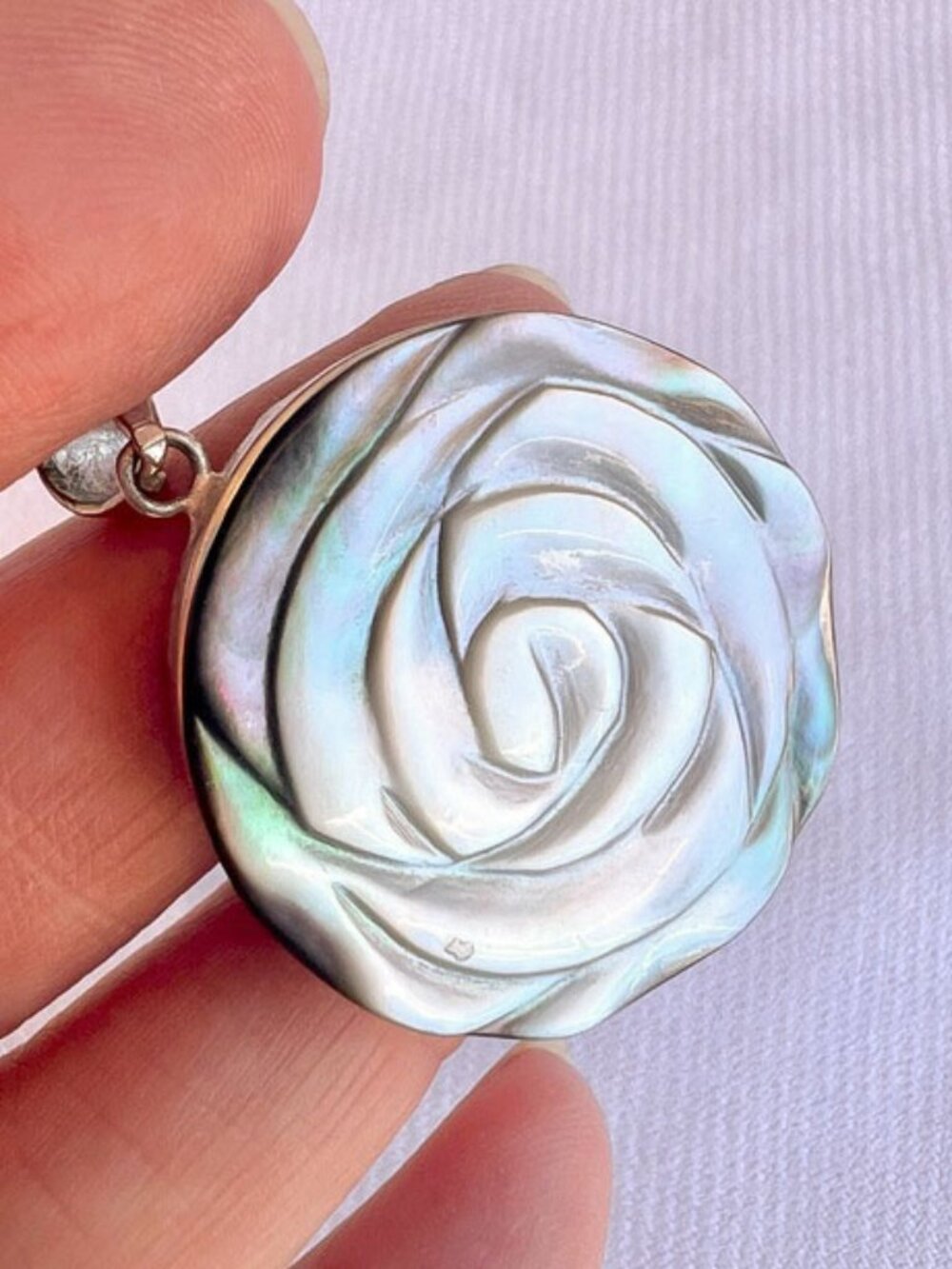 Iridescent Carved Shell Rose Pendant Necklace - Picture 7 of 7